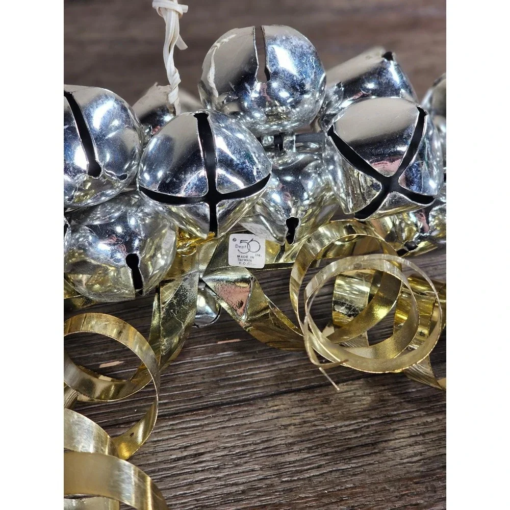 Vintage Silver Jingle Bell Wreath Gold Bow Christmas Door Decor